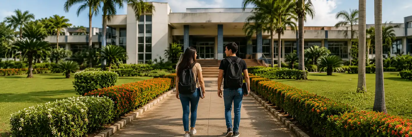 Estudantes buscam oportunidades de estágio em Rolim de Moura Estudantes caminham em ambiente acadêmico em matéria sobre estágio em Rolim de Moura