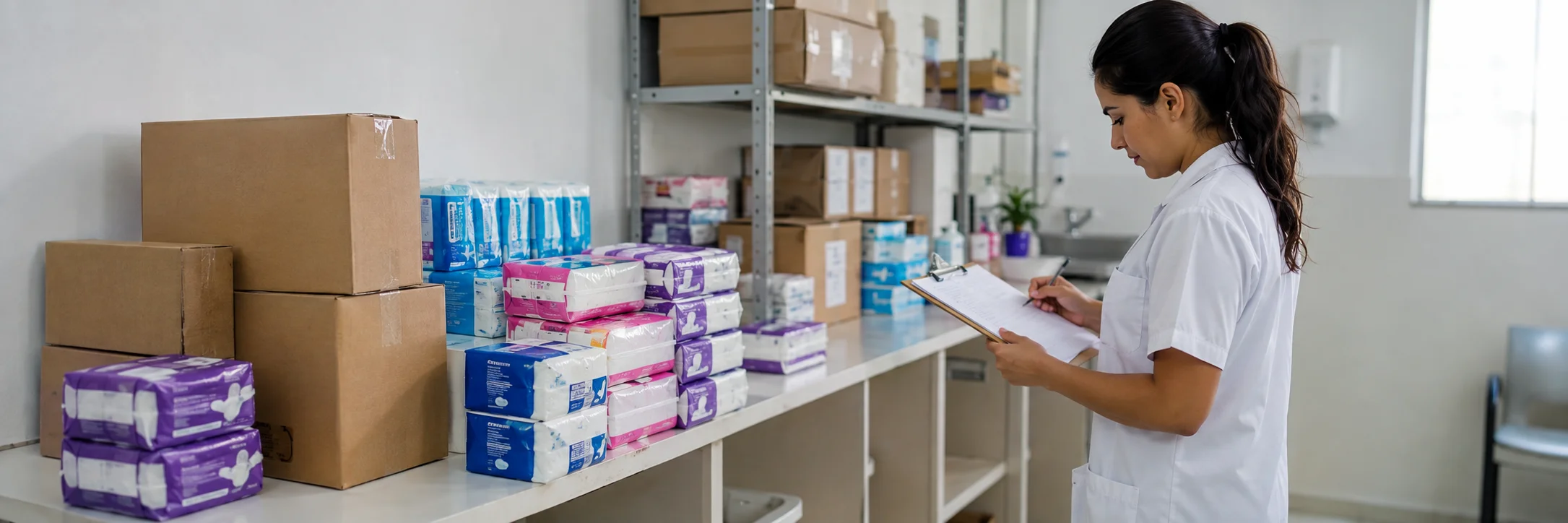 Profissional confere materiais enquanto a distribuição de absorventes gratuitos ainda aguarda definição operacional.
