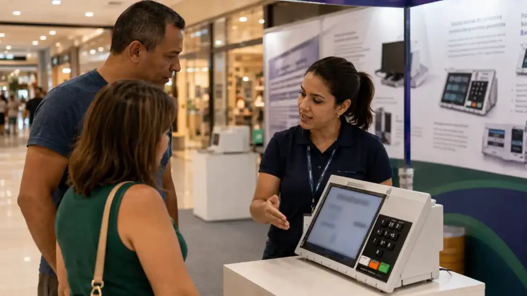 Exposição educativa da urna eletrônica Visitantes acompanham a exposição da urna eletrônica no Porto Velho Shopping.