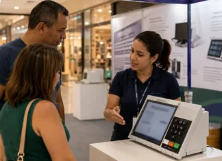 Exposição da urna eletrônica segue até domingo em Porto Velho Visitantes acompanham a exposição da urna eletrônica no Porto Velho Shopping.