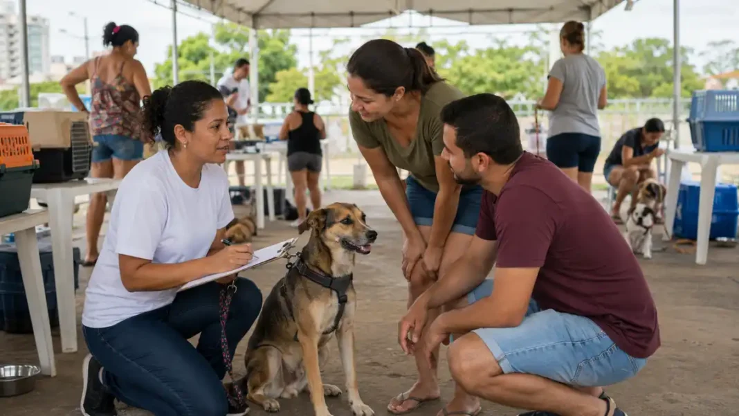 Novos lares para pets são apresentados a uma família durante evento de adoção responsável em Porto Velho.