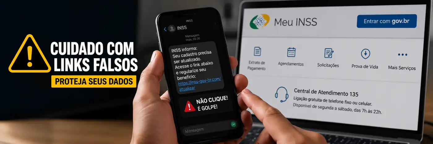 golpe em nome do INSS com mensagem falsa e link suspeito em celular