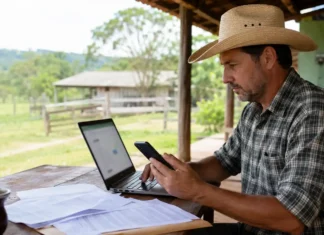 ITR 2026 começa nesta segunda; veja quem precisa declarar em Rondônia ITR 2026 começa com produtor rural consultando documentos e celular em propriedade rural.
