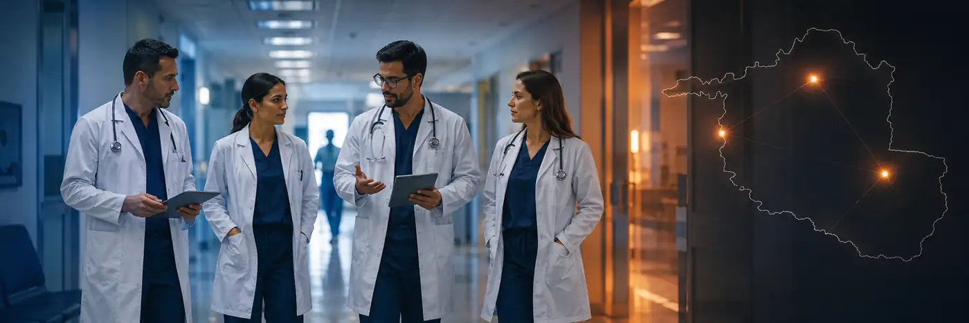 Médicos especialistas reforçam atendimento em Rondônia Médicos especialistas em Rondônia em ambiente hospitalar com mapa do estado