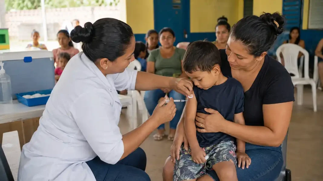 Profissional aplica vacina durante a multivacinação em Rondônia em criança acompanhada por responsável.