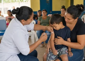 Campanha de vacinação para menores de 15 anos começa segunda em Rondônia Profissional aplica vacina durante a multivacinação em Rondônia em criança acompanhada por responsável.