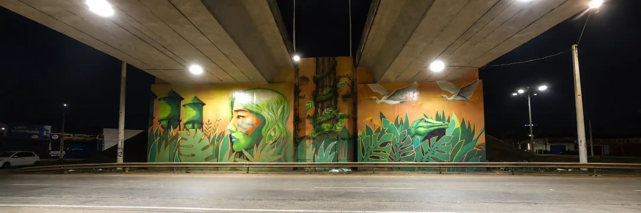 Mural urbano sob viaduto iluminado Viadutos iluminados em Porto Velho destacam mural urbano e estrutura viária durante a noite.