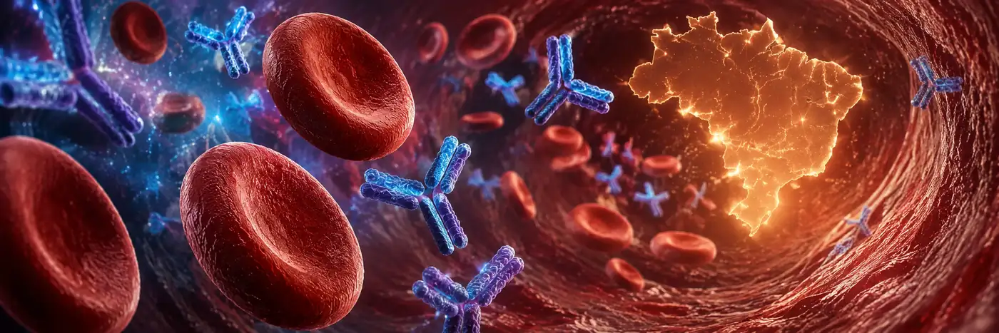 Tratamento para anemia hemolítica autoimune representado por hemácias, anticorpos e mapa do Brasil