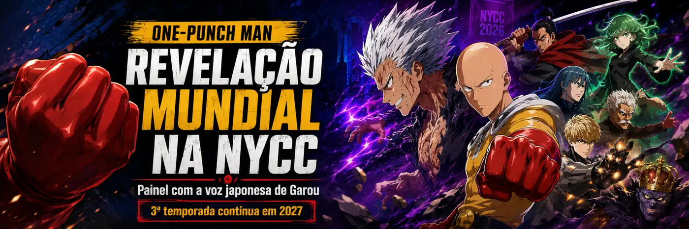 One-Punch Man na NYCC com Saitama e Garou em imagem sobre revelação mundial