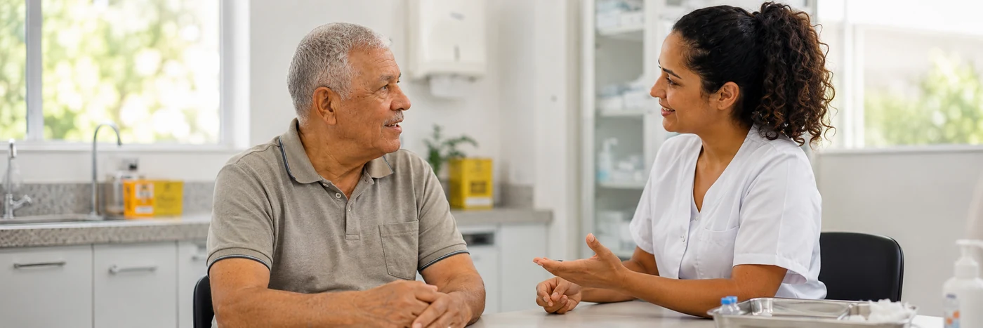 Orientação sobre vacina contra herpes-zóster em idosos Pessoa idosa recebe orientação sobre vacina contra herpes-zóster