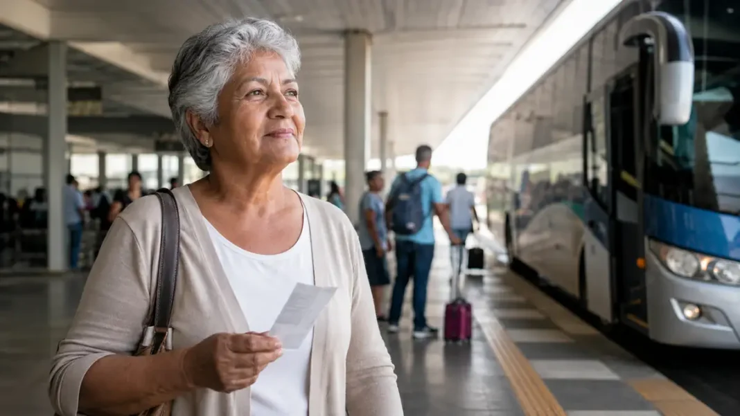 Passagem com 50% de desconto para idosa em terminal rodoviário com ônibus interestadual ao fundo