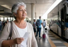 Justiça derruba limite de antecedência para desconto de idosos em ônibus Passagem com 50% de desconto para idosa em terminal rodoviário com ônibus interestadual ao fundo