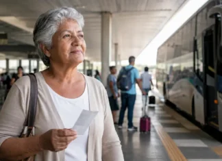 Justiça derruba limite de antecedência para desconto de idosos em ônibus Passagem com 50% de desconto para idosa em terminal rodoviário com ônibus interestadual ao fundo