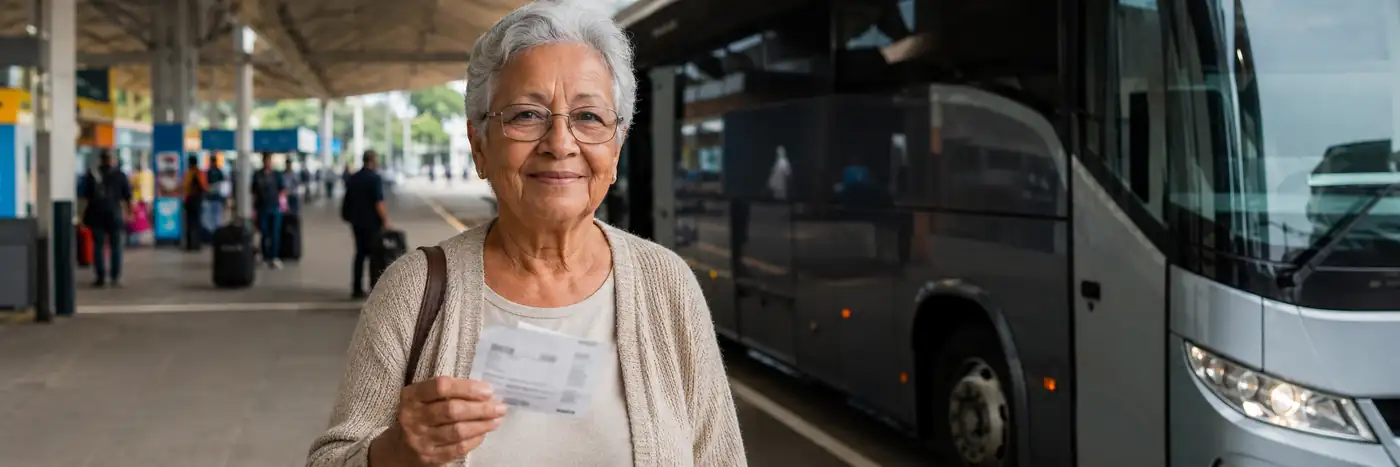Idosa com bilhete em mãos em terminal rodoviário com ônibus ao fundo