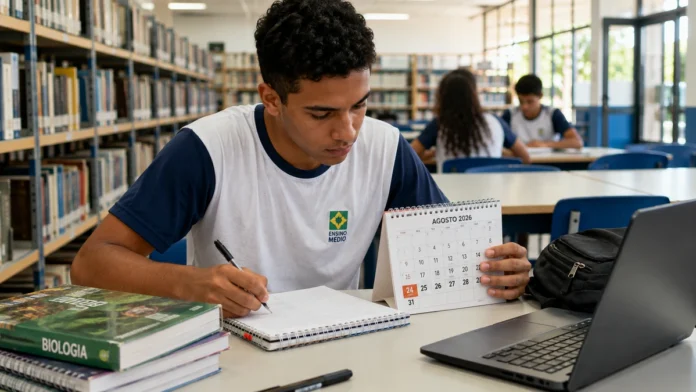 Pé-de-Meia 2026 com estudante conferindo calendário de pagamentos e frequência escolar
