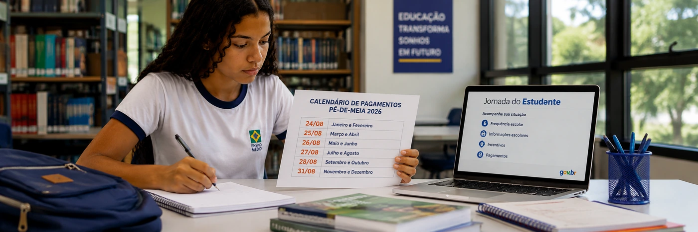 Pagamentos do Pé-de-Meia 2026 em agosto Pé-de-Meia 2026 com estudante acompanhando calendário de pagamentos e informações escolares