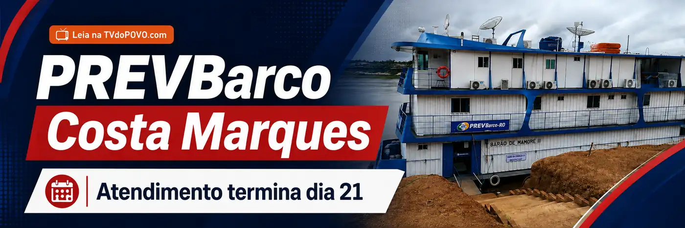 PREVBarco Costa Marques — atendimento termina dia 21 PREVBarco Costa Marques em faixa interna sobre atendimento do INSS até 21 de agosto