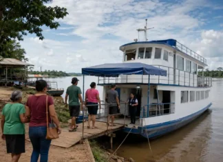 PREVBarco do INSS atende Costa Marques até 21 de agosto Moradores se aproximam do PREVBarco em Rondônia para atendimento do INSS em Costa Marques.