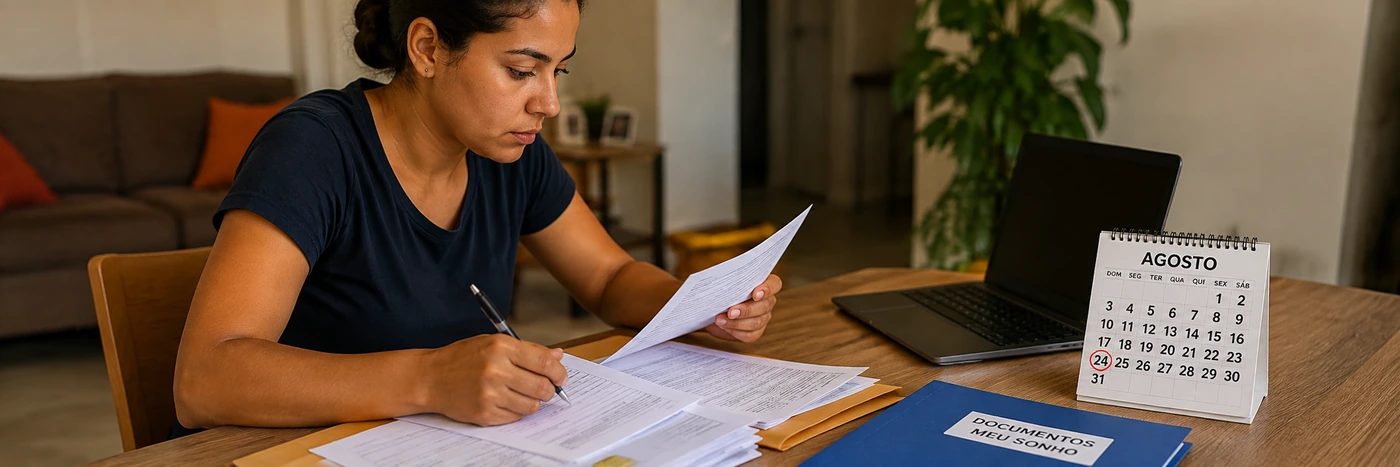 Documentos para análise financeira do Programa Meu Sonho Programa Meu Sonho com candidata conferindo documentos para etapa de análise financeira