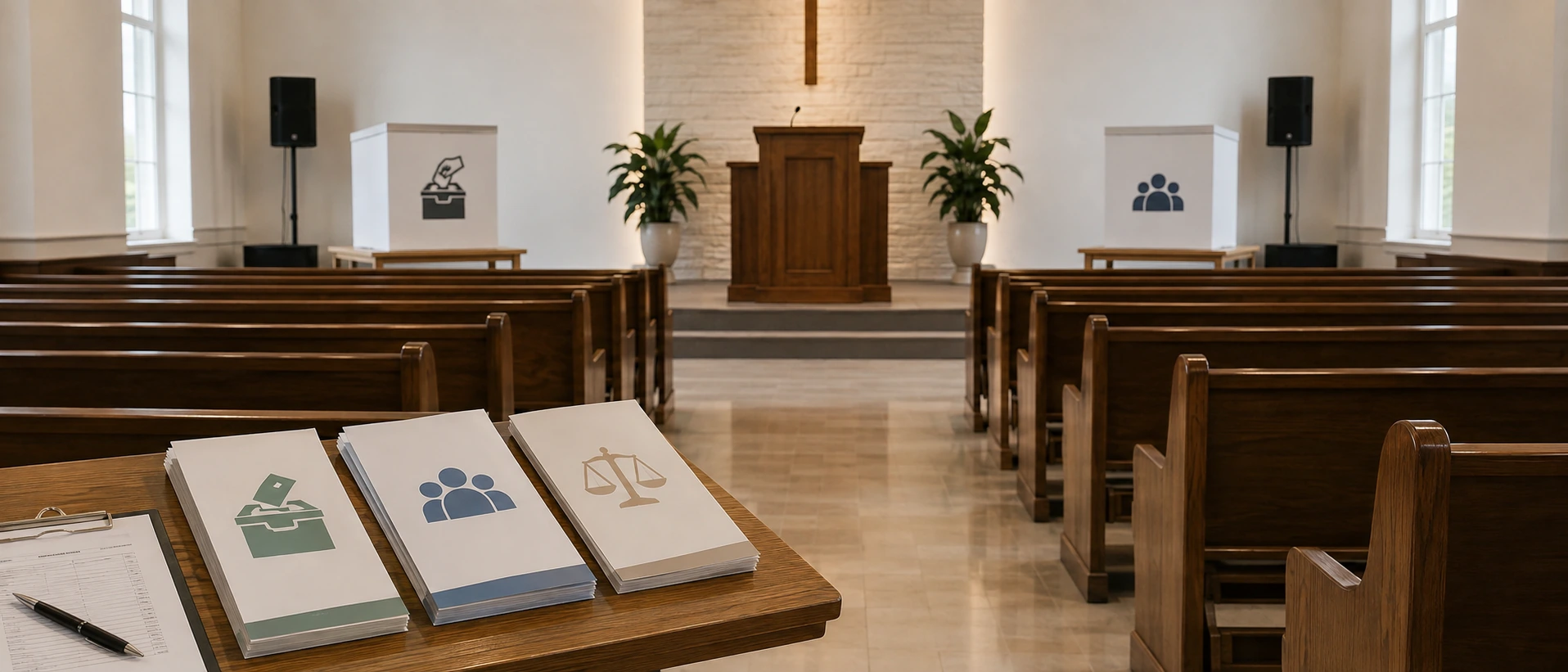 Regras para propaganda eleitoral em templos religiosos Interior de templo religioso com materiais ilustrativos sobre eleições e propaganda eleitoral