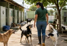 Vilhena registra 400 resgates e mantém 500 animais acolhidos Proteção animal em Vilhena com cuidadora acompanhando cães em abrigo municipal