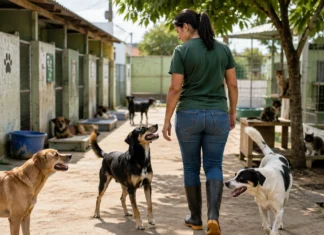 Vilhena registra 400 resgates e mantém 500 animais acolhidos Proteção animal em Vilhena com cuidadora acompanhando cães em abrigo municipal