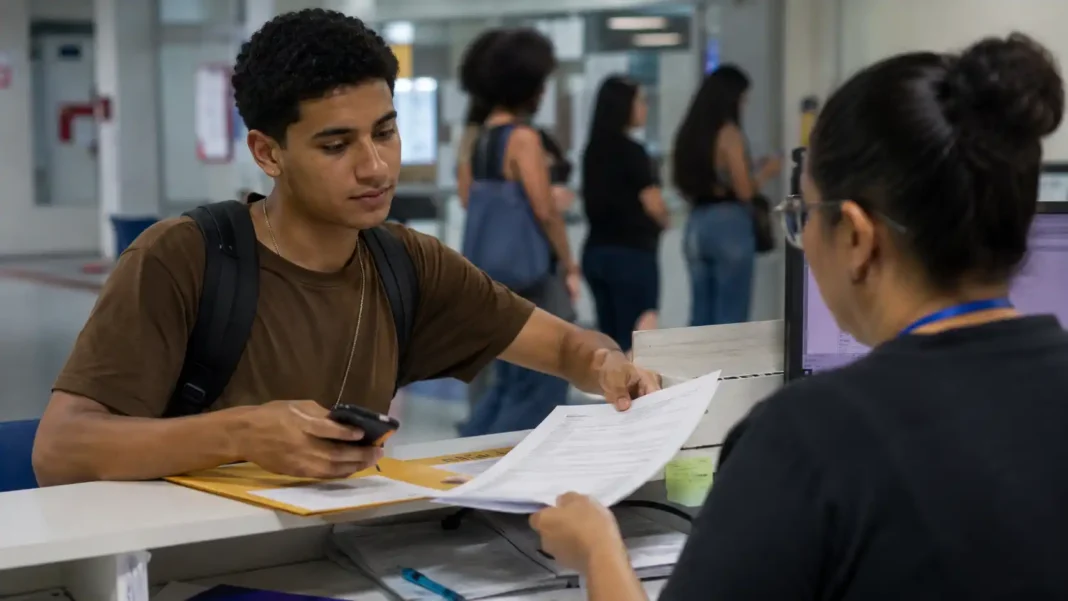 Entrega de documentos do Prouni 2026 na segunda chamada Prouni 2026 com estudante entregando documentos para conferência na segunda chamada
