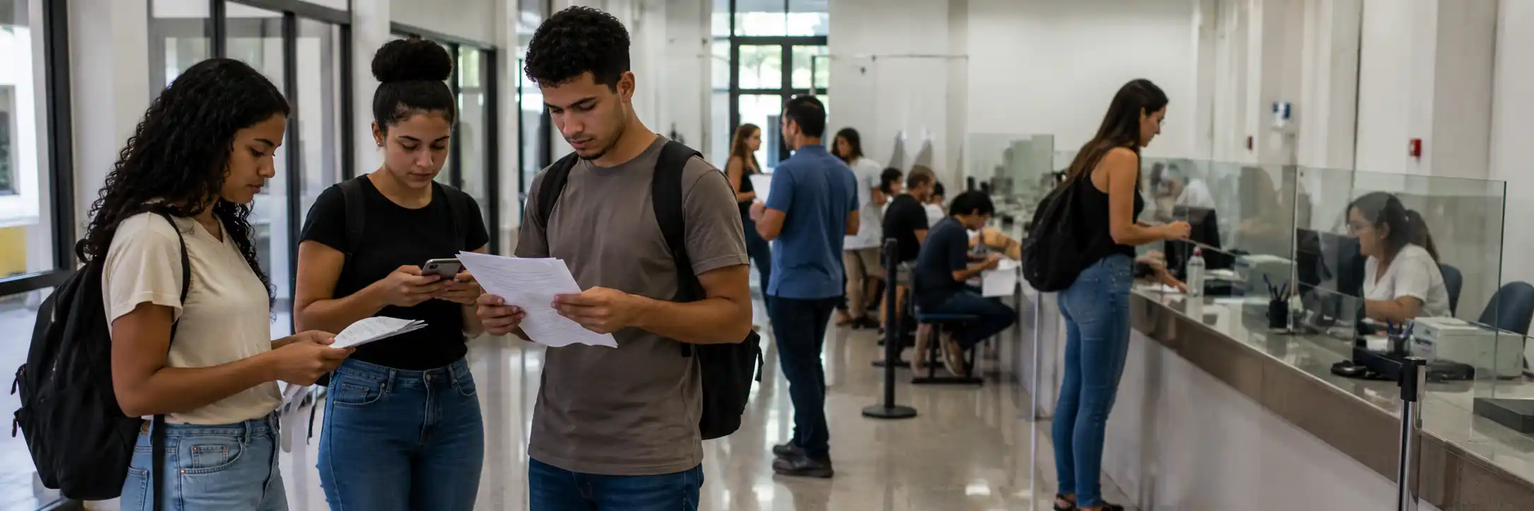 Comprovação de informações do Prouni 2026 Prouni 2026 com estudantes organizando documentos em área de atendimento de instituição de ensino