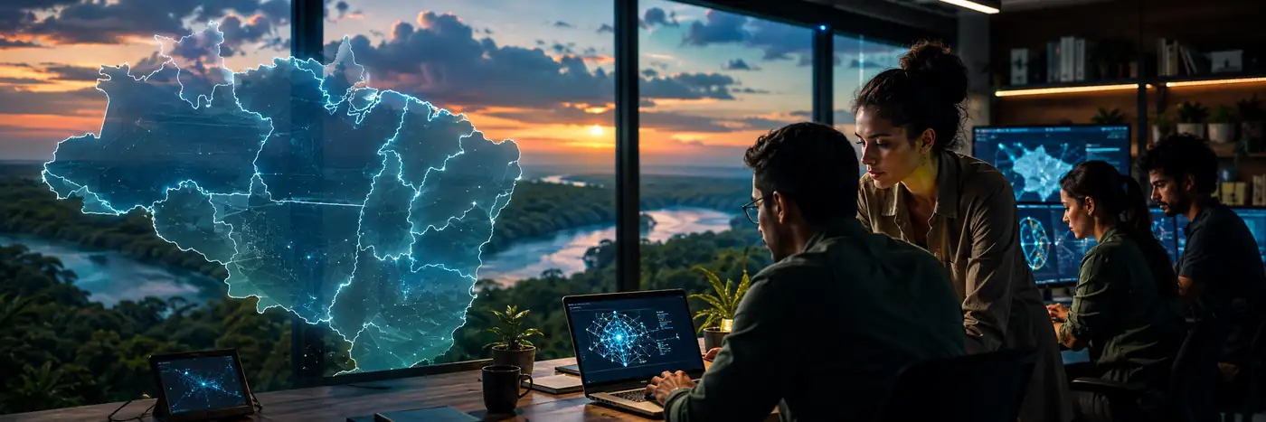 Projetos de inteligência artificial na Região Norte Projetos de IA no Norte representados por equipe de tecnologia e mapa da região amazônica