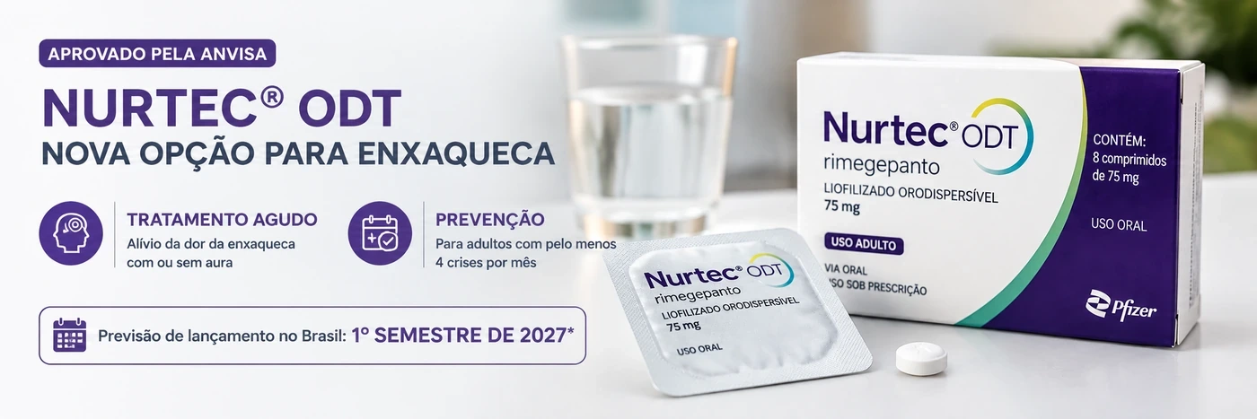 Rimegepanto é aprovado para tratar e prevenir enxaqueca Medicamento Nurtec ODT com rimegepanto aprovado pela Anvisa para enxaqueca