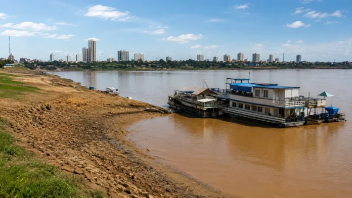 Nível do Rio Madeira em Porto Velho com margem exposta durante a vazante