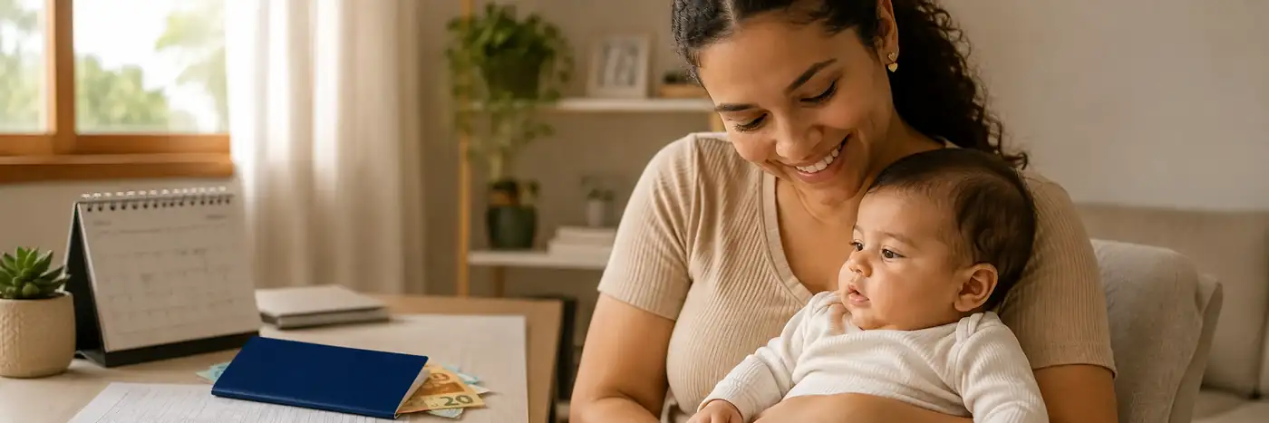 Proteção de renda pelo salário-maternidade em 2026 Mãe com bebê representa proteção previdenciária do salário-maternidade 2026