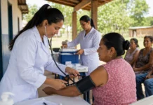 Santa Rita recebe vacinação, exames e outros serviços nesta quinta Profissional de saúde atende moradora durante ação de saúde em Santa Rita, Porto Velho