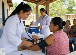 Santa Rita recebe vacinação, exames e outros serviços nesta quinta Profissional de saúde atende moradora durante ação de saúde em Santa Rita, Porto Velho