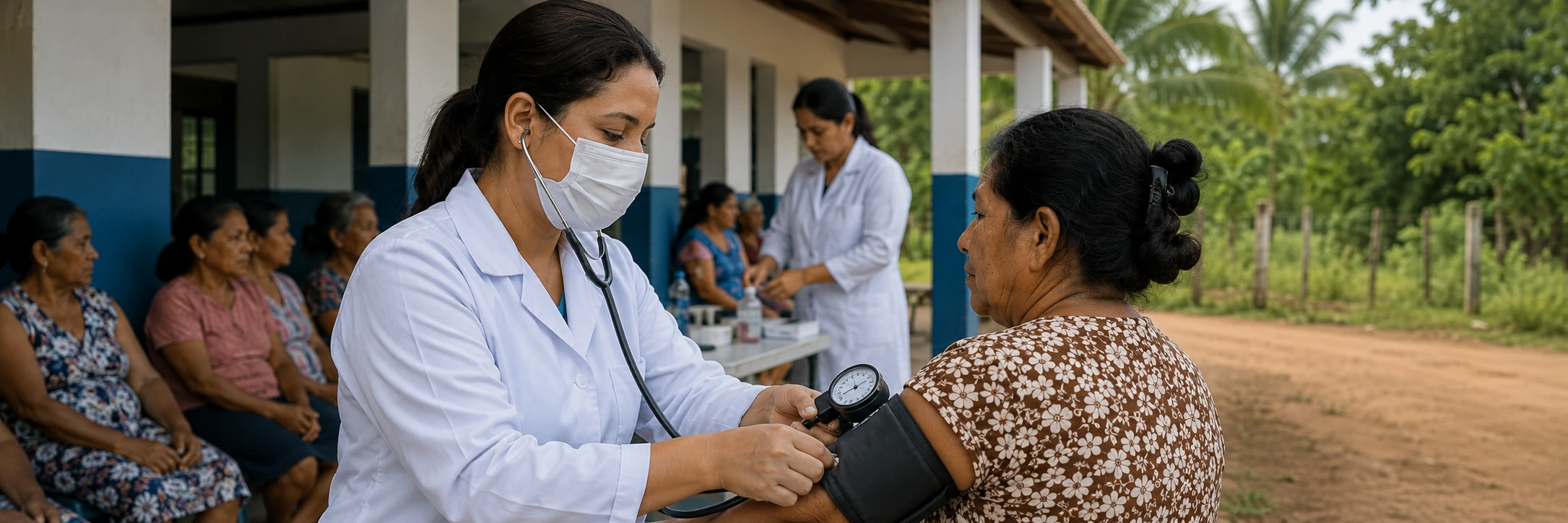 Atendimento de saúde na comunidade de Santa Rita Profissional afere pressão de moradora durante saúde em Santa Rita