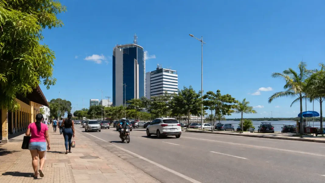 Dia de sol forte em Porto Velho Tempo em Porto Velho com céu aberto e sol forte sobre avenida da capital de Rondônia.