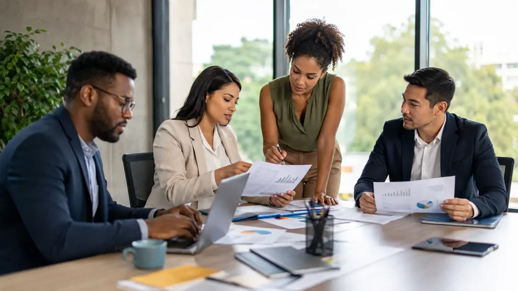 Transparência salarial em empresas de Rondônia Profissionais analisam relatórios e documentos em ambiente corporativo sobre transparência salarial em Rondônia
