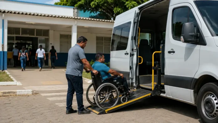 Transporte eleitoral em Rondônia amplia acesso de pessoas com mobilidade reduzida Pessoa em cadeira de rodas utiliza veículo acessível em matéria sobre transporte eleitoral em Rondônia