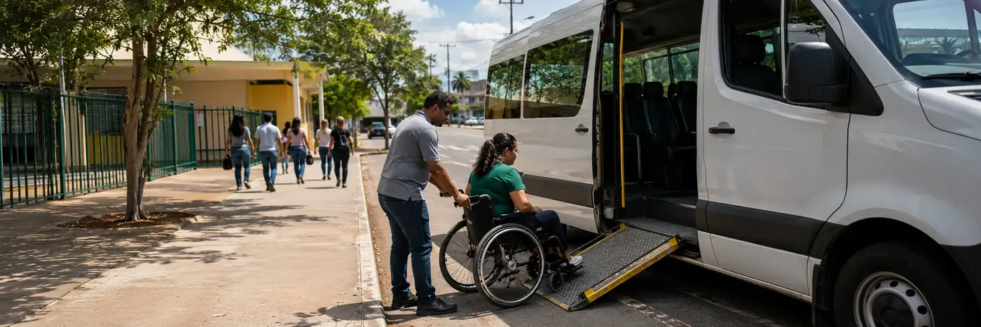 Pessoa em cadeira de rodas recebe apoio para embarcar em veículo de transporte eleitoral em Rondônia