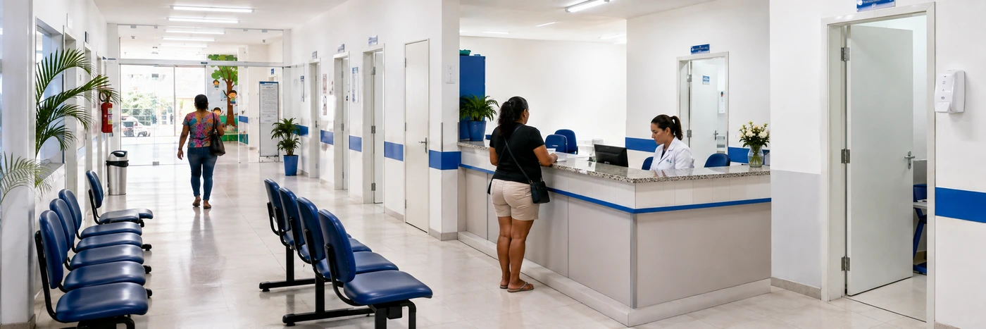 Estrutura interna da UBS Pedacinho de Chão Recepção e circulação interna da UBS Pedacinho de Chão em Porto Velho