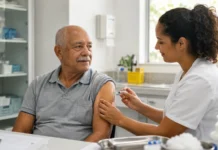 Herpes-zóster: vacinação ajuda na prevenção com o avanço da idade Pessoa idosa recebe vacina contra herpes-zóster em ambiente de saúde