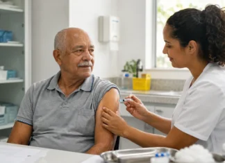 Herpes-zóster: vacinação ajuda na prevenção com o avanço da idade Pessoa idosa recebe vacina contra herpes-zóster em ambiente de saúde