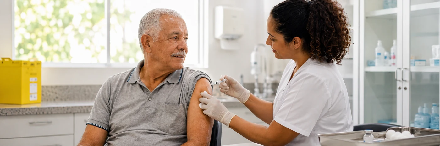 Vacinação contra herpes-zóster em pessoa idosa Profissional de saúde aplica vacina em pessoa idosa para ilustrar prevenção do herpes-zóster