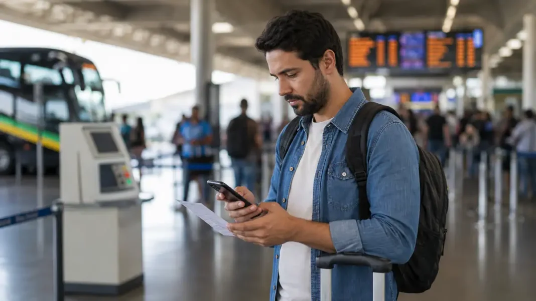 Voto em trânsito 2026 em Rondônia Eleitor em terminal de viagem consulta celular e documento em imagem sobre voto em trânsito 2026