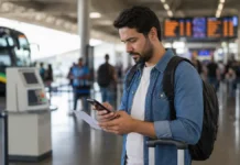 Voto em trânsito 2026: prazo termina quinta-feira; veja como pedir em Rondônia Eleitor em terminal de viagem consulta celular e documento em imagem sobre voto em trânsito 2026