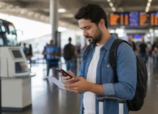 Voto em trânsito 2026: prazo termina quinta-feira; veja como pedir em Rondônia Eleitor em terminal de viagem consulta celular e documento em imagem sobre voto em trânsito 2026