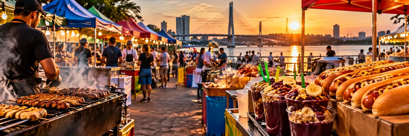108 vagas para comerciantes em Porto Velho Faixa ilustrativa da TVdoPOVO sobre vagas para comerciantes Porto Velho, com barracas de alimentos e feira ao entardecer