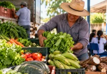 Nova Brasilândia abre chamada de R$ 587 mil para alimentos da merenda escolar Ilustração de agricultor organizando hortaliças, frutas e mandioca para representar a agricultura familiar em Nova Brasilândia D'Oeste