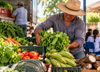 Nova Brasilândia abre chamada de R$ 587 mil para alimentos da merenda escolar Ilustração de agricultor organizando hortaliças, frutas e mandioca para representar a agricultura familiar em Nova Brasilândia D'Oeste