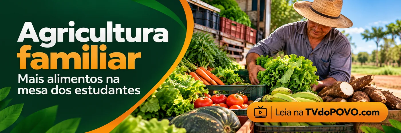 Faixa ilustrativa da TVdoPOVO com agricultor e hortaliças para matéria sobre chamada pública da agricultura familiar destinada à merenda escolar